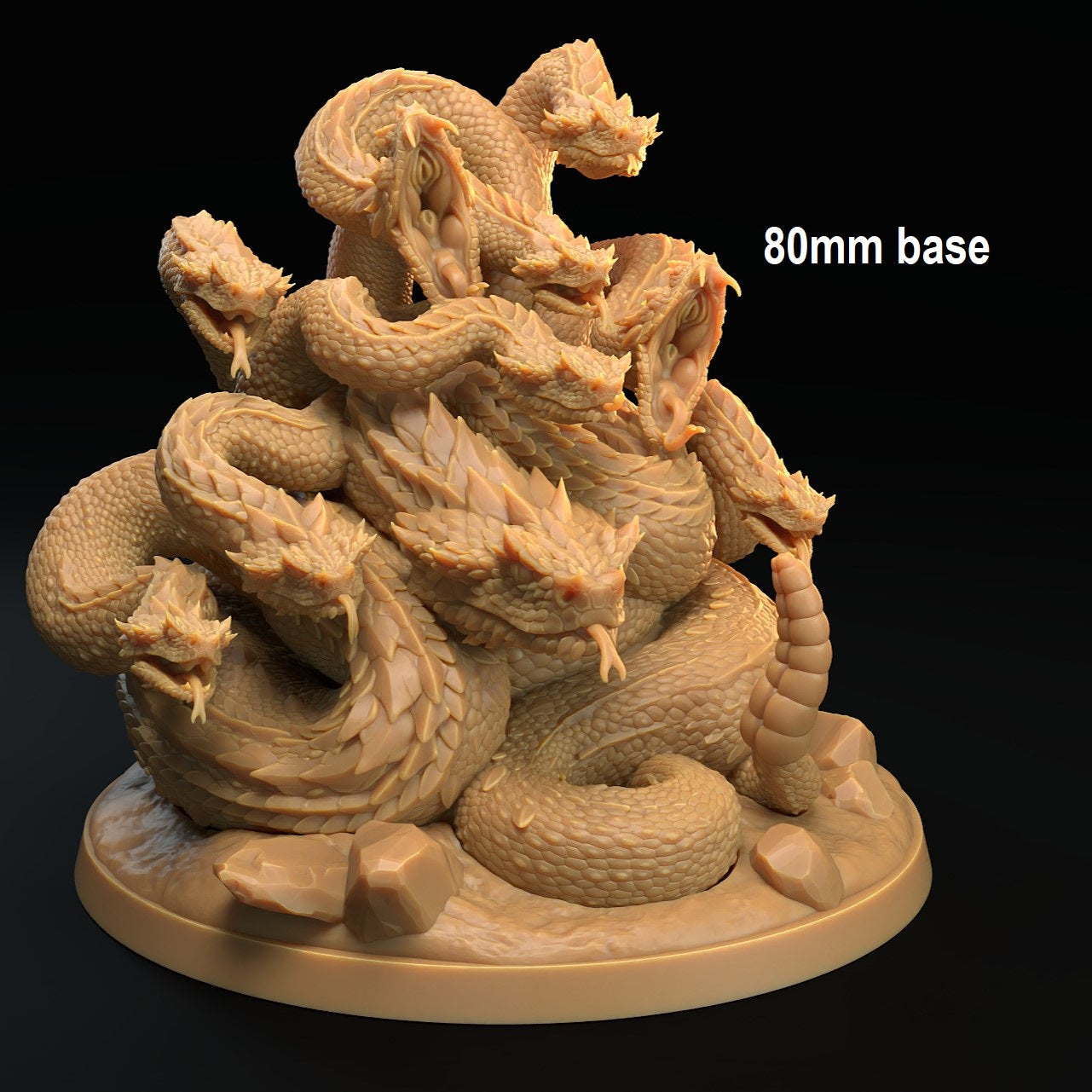 Image shows an 3D render of a rattlesnake hydra gaming miniature