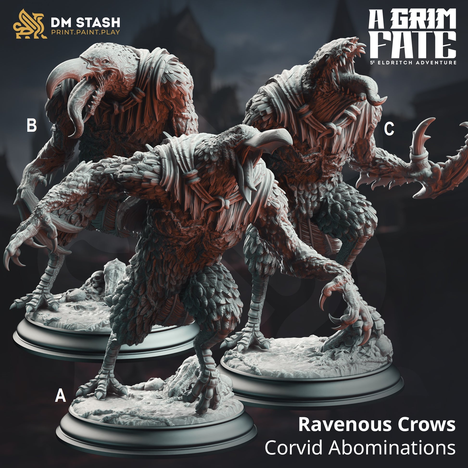 Image shows 3D renders for 3 different sculpt options of a crow abomination gaming miniature