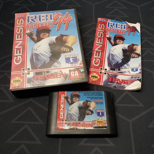 Image shows the case, manual and cartridge for the video game RBI Baseball '94 for Sega Genesis