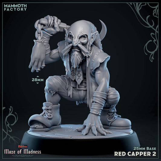 Image shows a 3D render of a creepy gnome gaming miniature holding a sickle