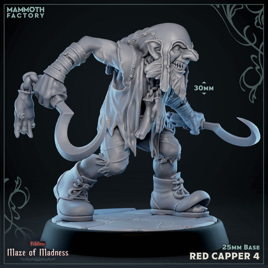 Image shows a 3D render of a creepy smiling gnome gaming miniature holding two sickles