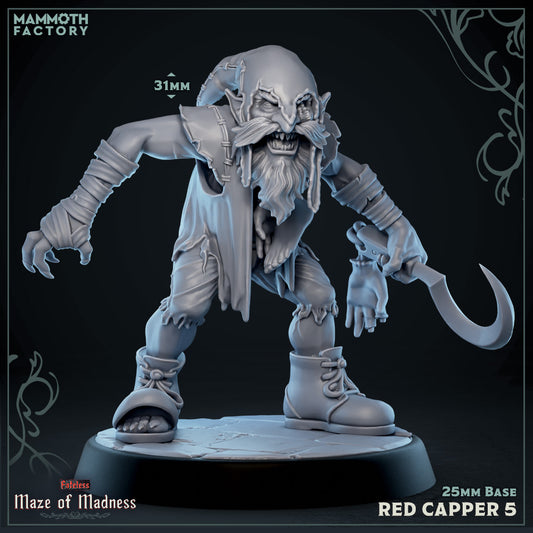 Image shows a 3D render of a creepy smiling gnome gaming miniature holding a sickle