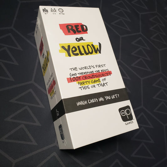 Image shows the front cover of the box for the Red or Yellow card game