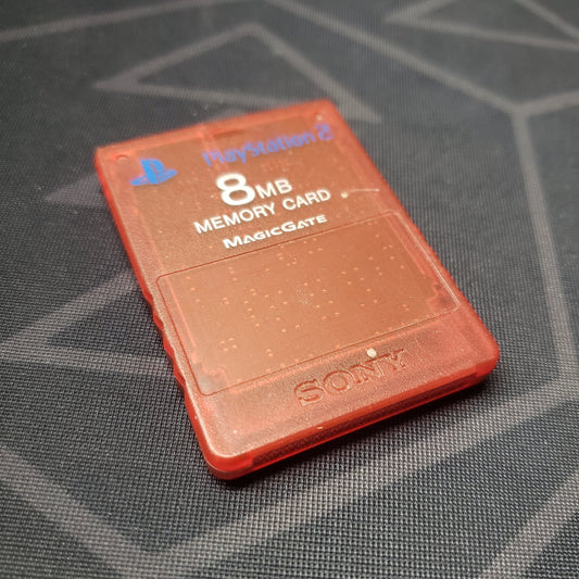 Image shows the front of a red Sony 8MB Memory Card for the Playstation 2 video game system