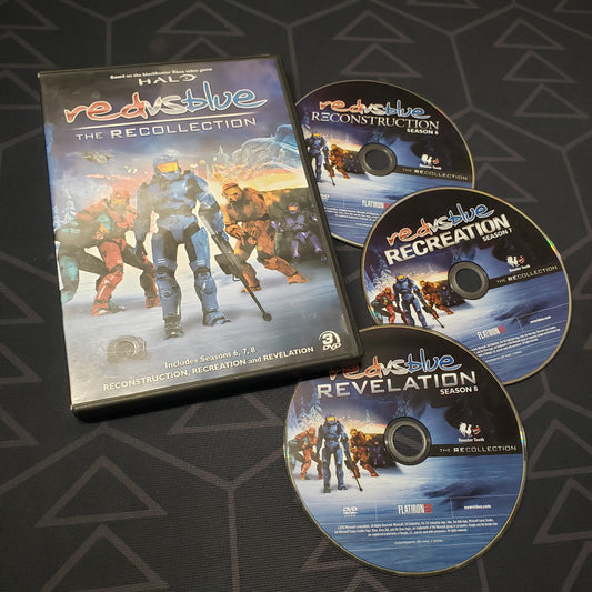 Image shows the case & three discs for the sixth, seventh and eighth season set of Red vs. Blue on DVD