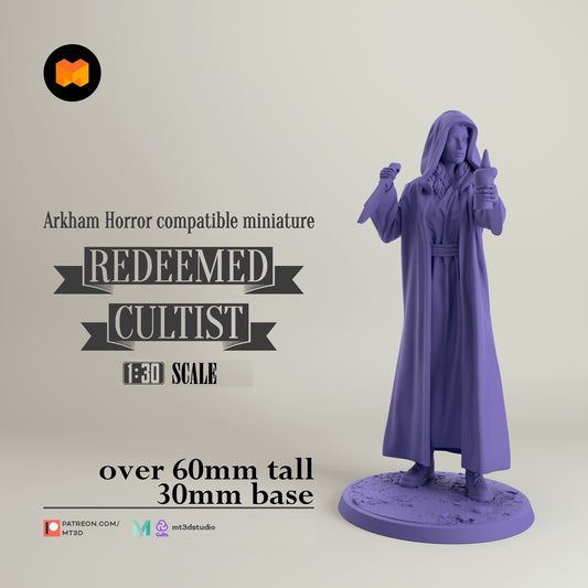 Image shows a 3D render of a hooded cultist gaming miniature.