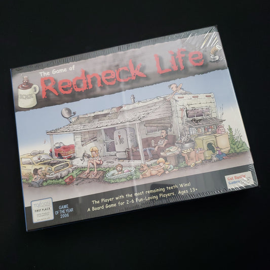 Image shows the front cover of the box of the Redneck Life board game