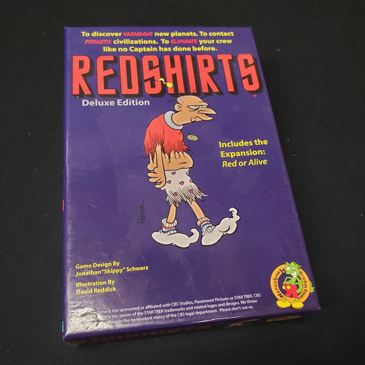 Image shows the front cover of the box of the deluxe edition of the card game Redshirts