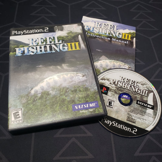 Image shows the case, manual and disc for the video game Reel Fishing III for Playstation 2