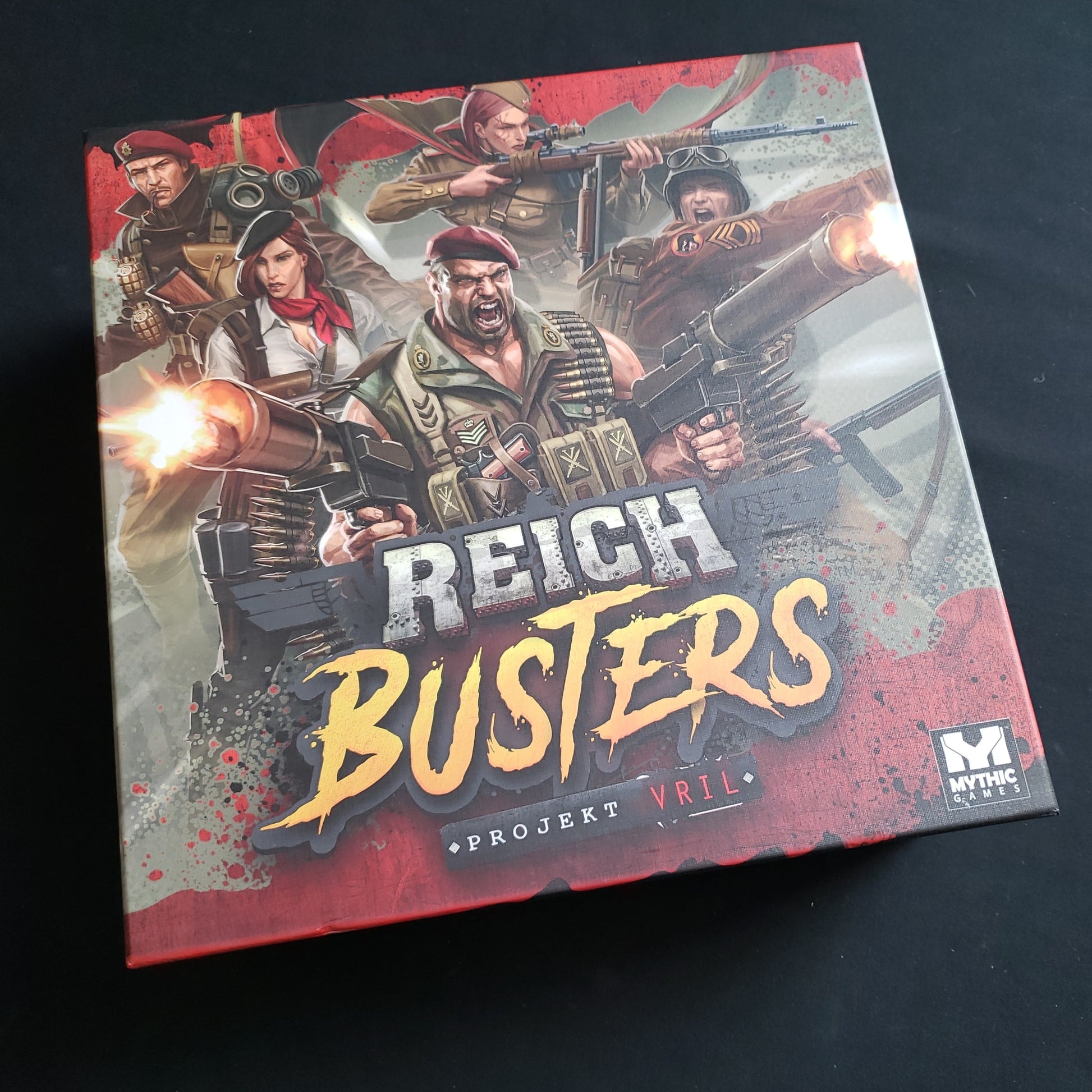 Image shows the front cover of the box of the Reichbusters: Projekt Vril board game