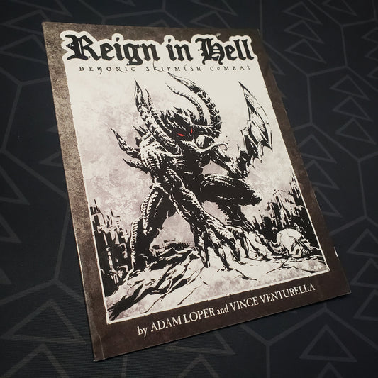 Image shows the front cover of the Reign in Hell: Demonic Skirmish Game wargaming book