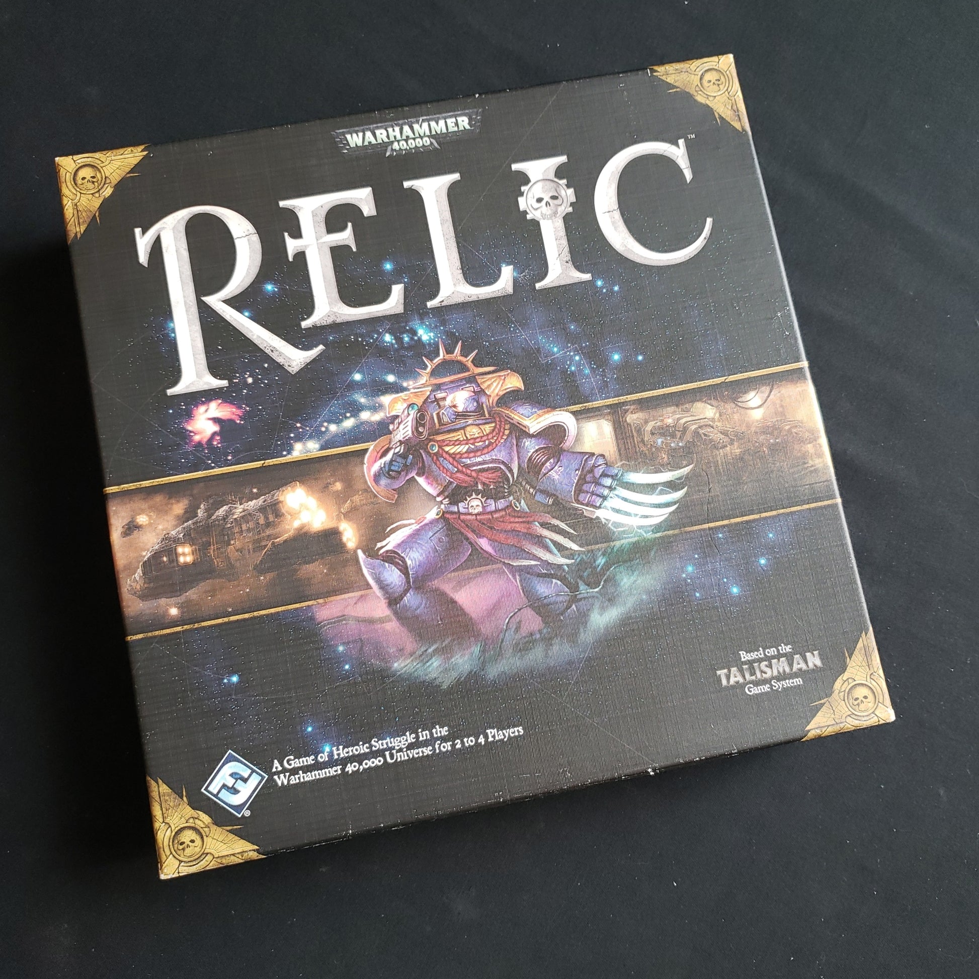 Image shows the front cover of the box of the Relic board game