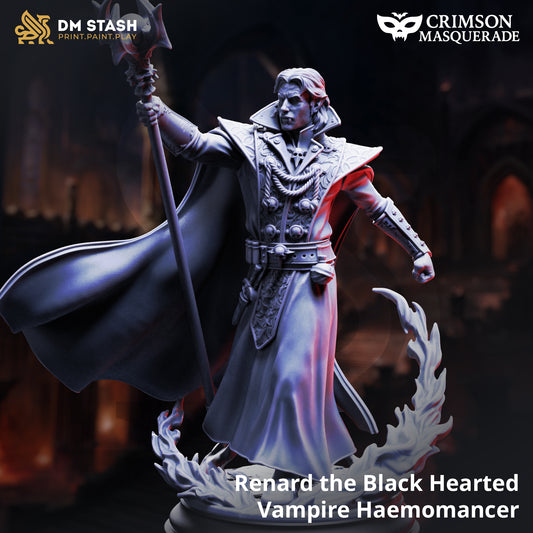 Image shows a 3D render of a vampire blood mage gaming miniature.