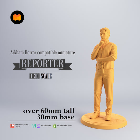 Image shows a 3D render of a 1920s era reporter gaming miniature.