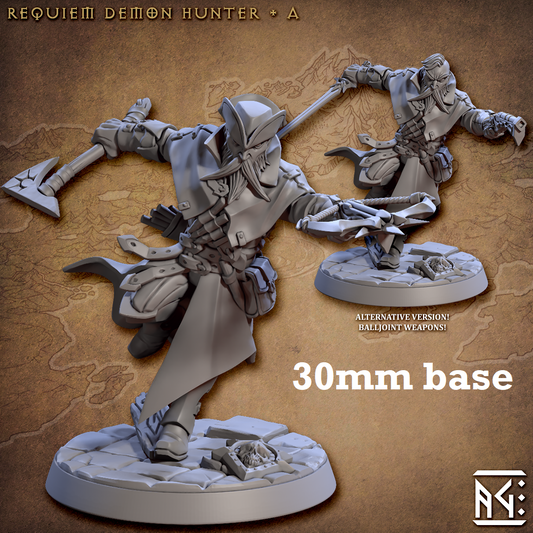Image shows 3D renders of two sculpt options for a human demon hunter gaming miniature.
