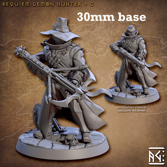 Image shows 3D renders of two sculpt options for a human demon hunter gaming miniature.