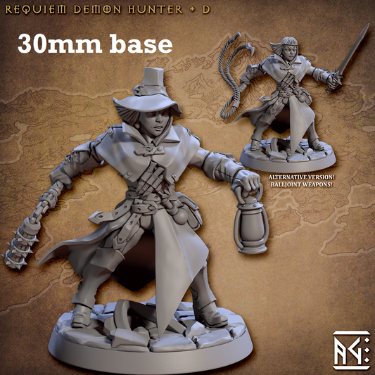 Image shows 3D renders of two sculpt options for a human demon hunter gaming miniature.