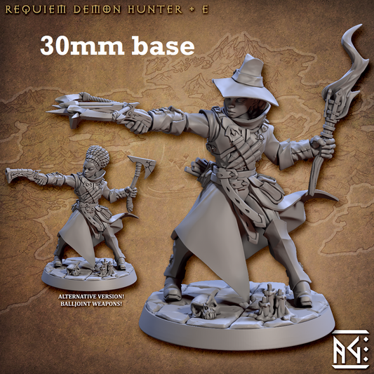Image shows 3D renders of two sculpt options for a human demon hunter gaming miniature.