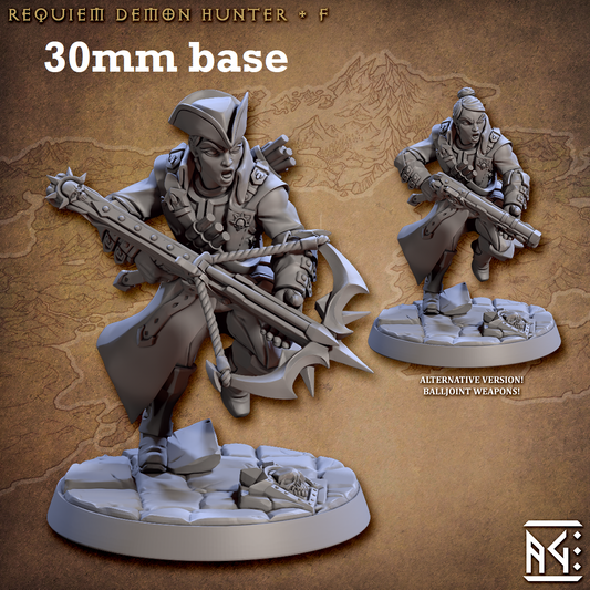 Image shows 3D renders of two sculpt options for a human demon hunter gaming miniature.