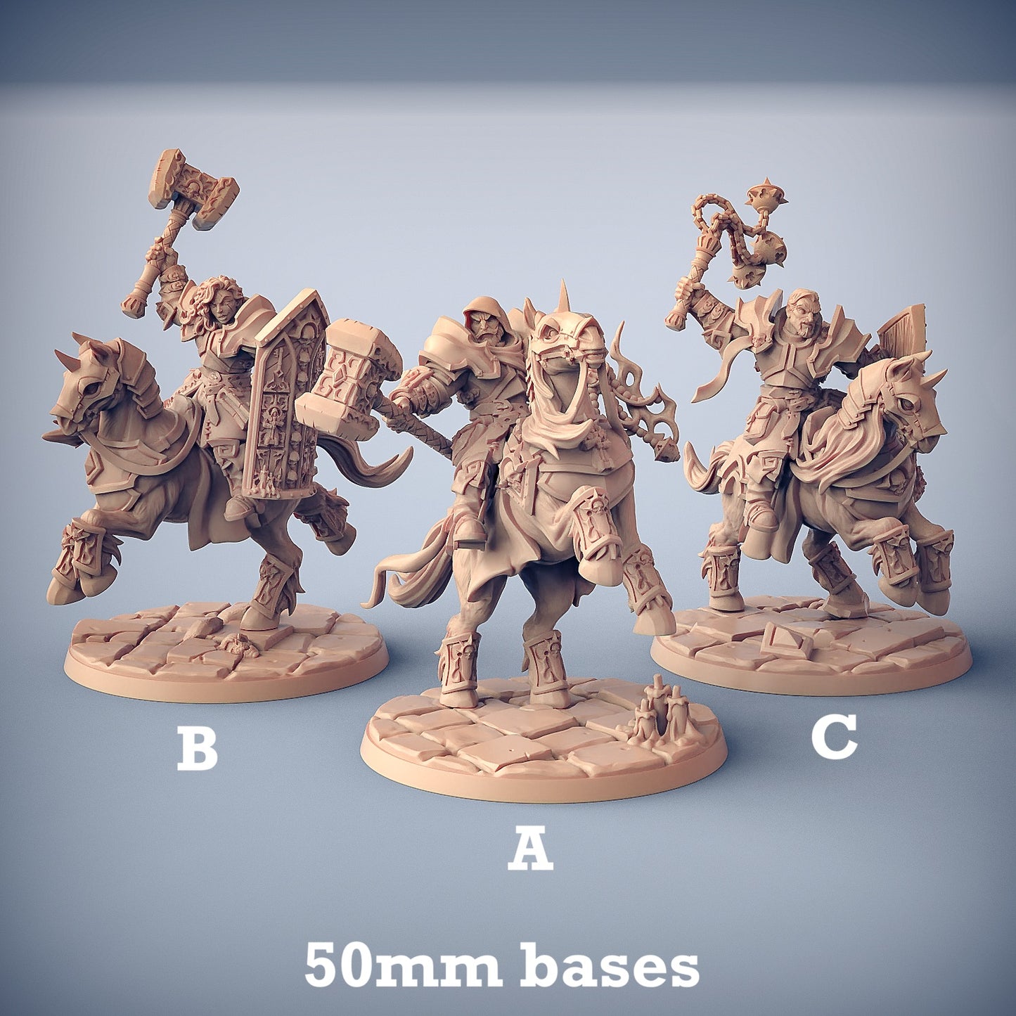 Image shows 3D renders for three different sculpt options of a paladin cavalry unit gaming miniature.