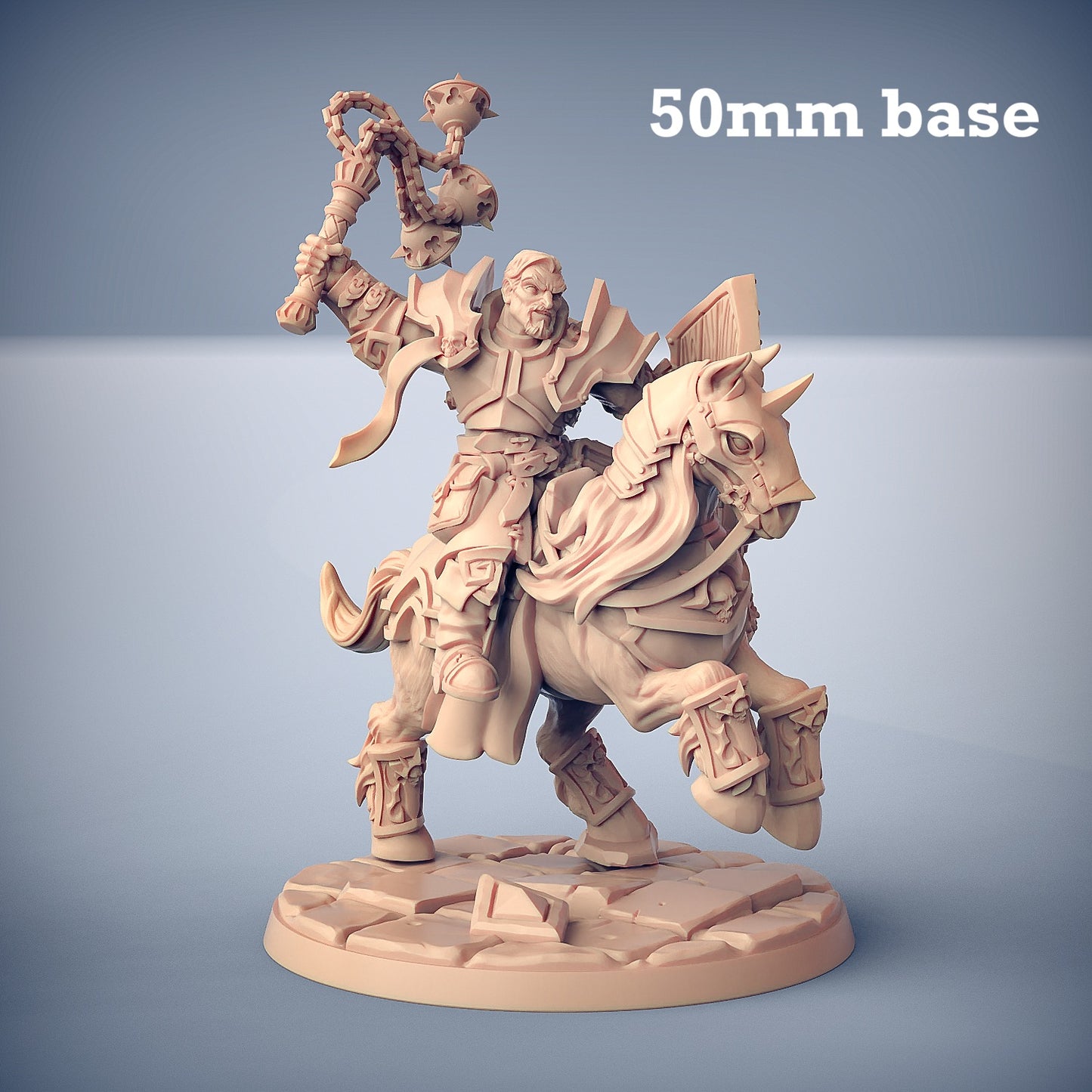 Image shows a 3D render of a paladin cavalry unit gaming miniature.