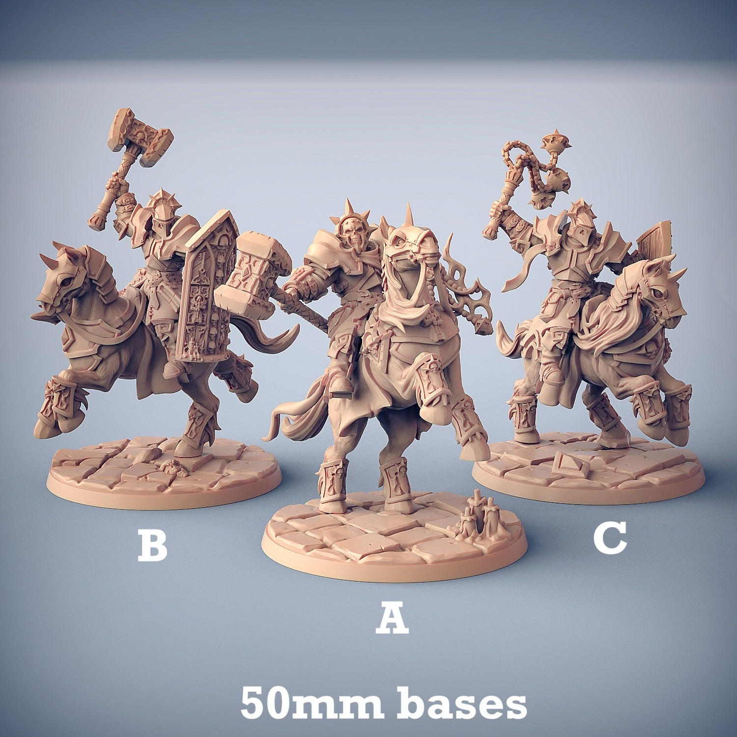 Image shows 3D renders for three different sculpt options of a paladin cavalry unit gaming miniature.