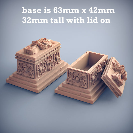 Image shows a 3D render of a sarcophagus gaming miniature terrain piece