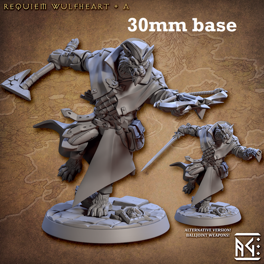 Image shows 3D renders of two sculpt options for a werewolf demon hunter gaming miniature.