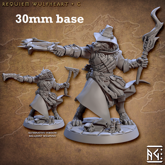 Image shows 3D renders of two sculpt options for a werewolf demon hunter gaming miniature.