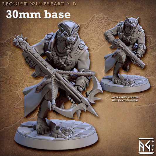Image shows 3D renders of two sculpt options for a werewolf demon hunter gaming miniature.