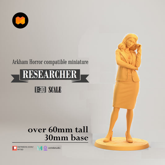 Image shows a 3D render of a 1920s era researcher gaming miniature.