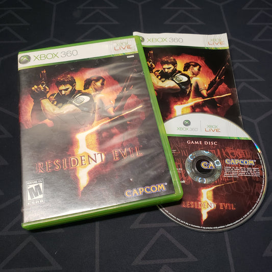 Image shows the case, manual and disc for the video game Resident Evil 5 for Xbox 360