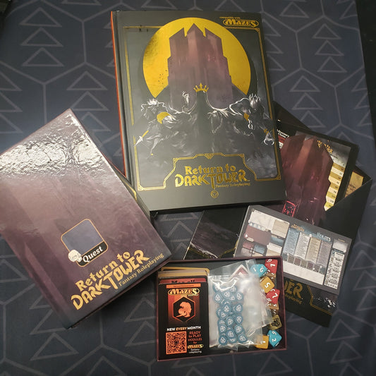 Image shows the front cover of the core rulebook for the Return to Dark Tower: Fantasy Roleplaying game book, surrounded by addition accessories for the game