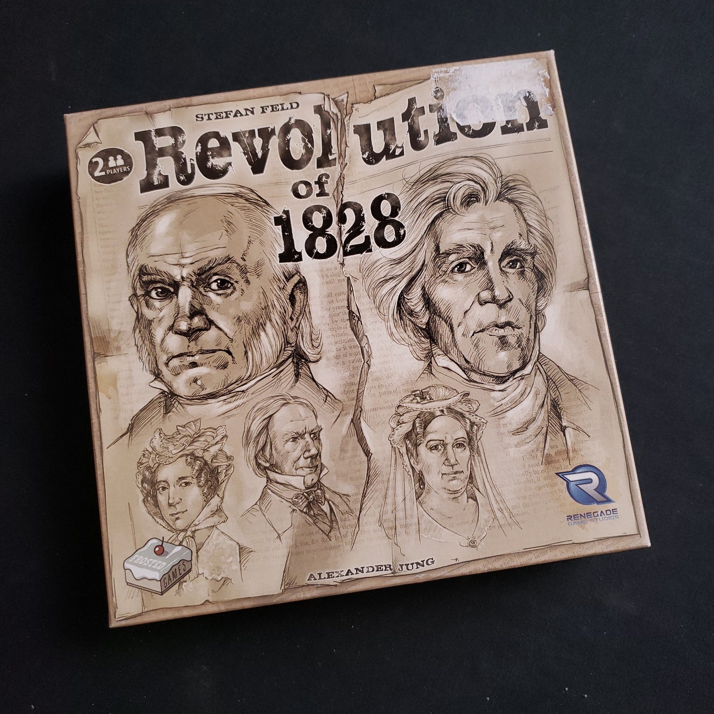 Image shows the front cover of the box of the Revolution of 1828 board game