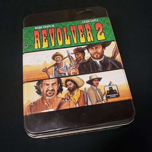 Image shows the front cover of the box of the Revolver 2 card game