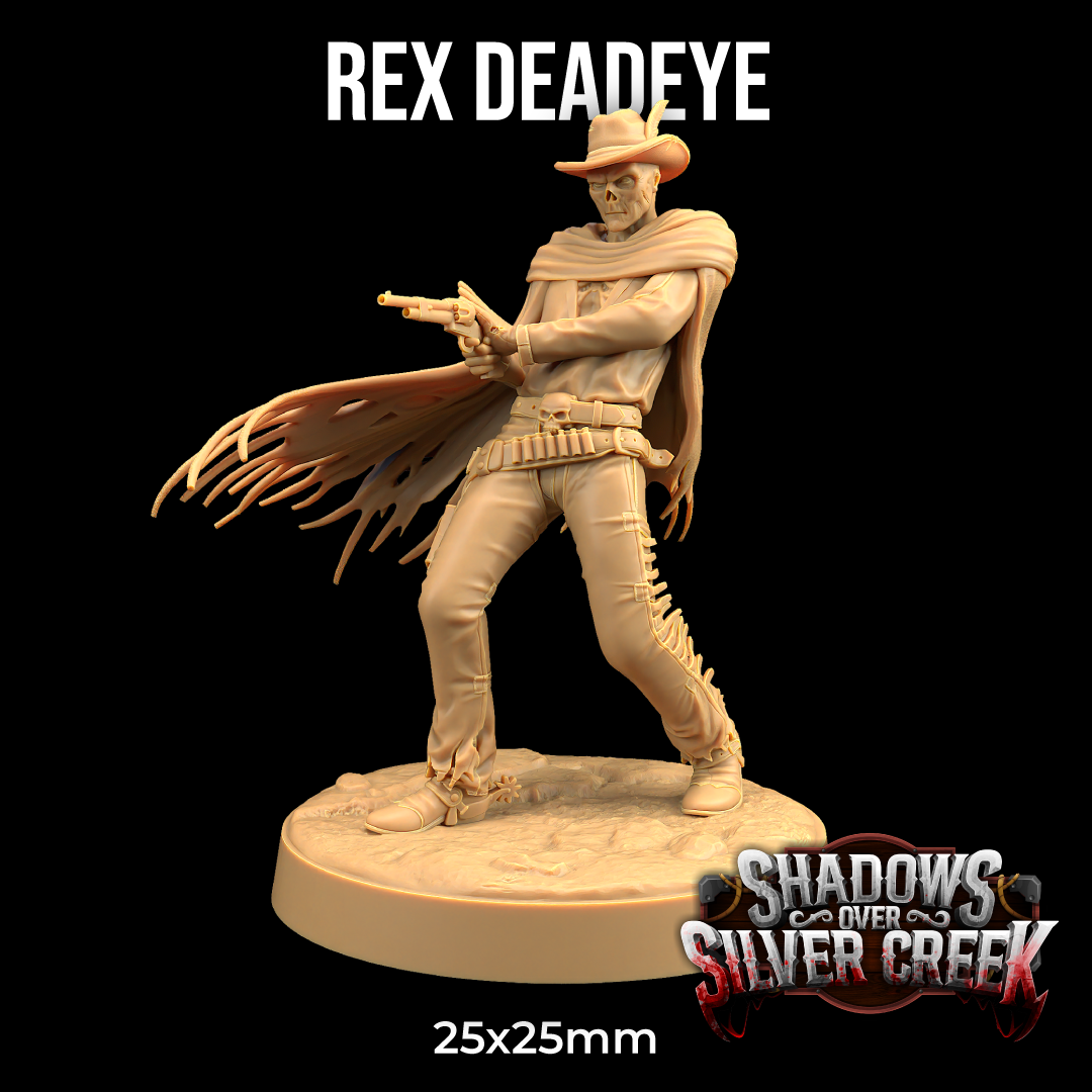 Image shows a 3D render of an undead human gunslinger gaming minature