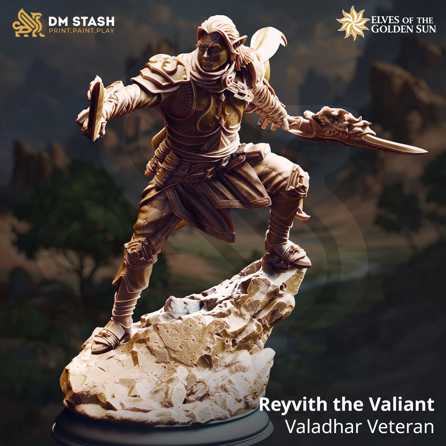 Image shows a 3D render of a elf fighter gaming miniature.