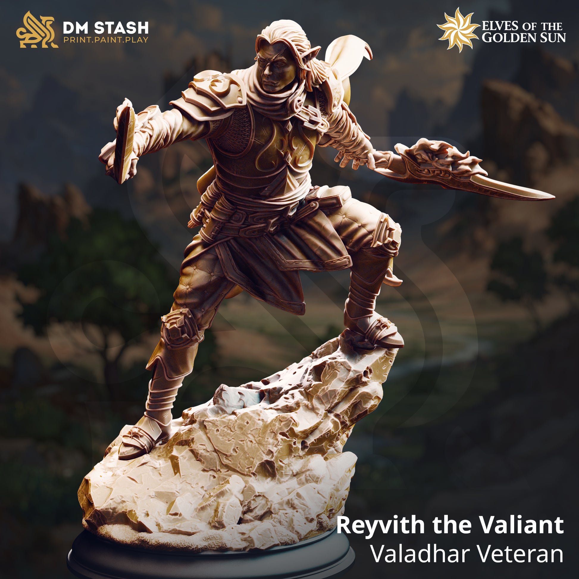 Image shows a 3D render of a elf fighter gaming miniature.