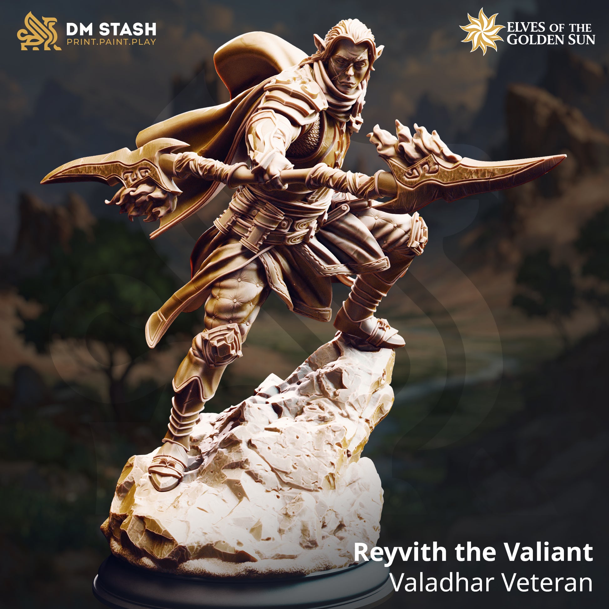 Image shows a 3D render of a elf fighter gaming miniature.