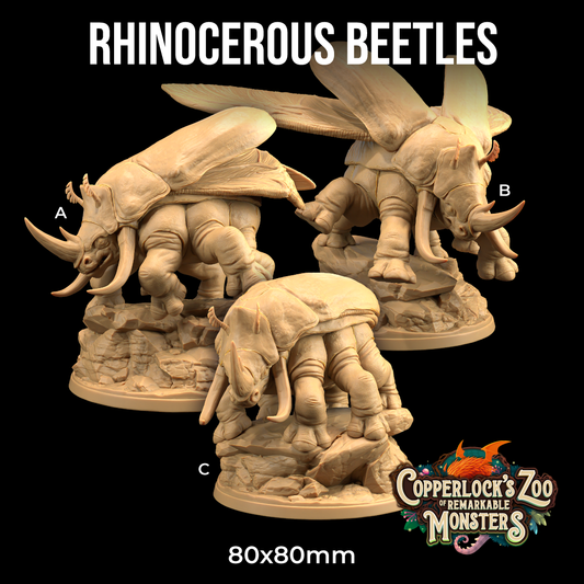 Image shows 3D renders for three different options of a gaming miniature of a hybrid monster half rhinoceros half beetle