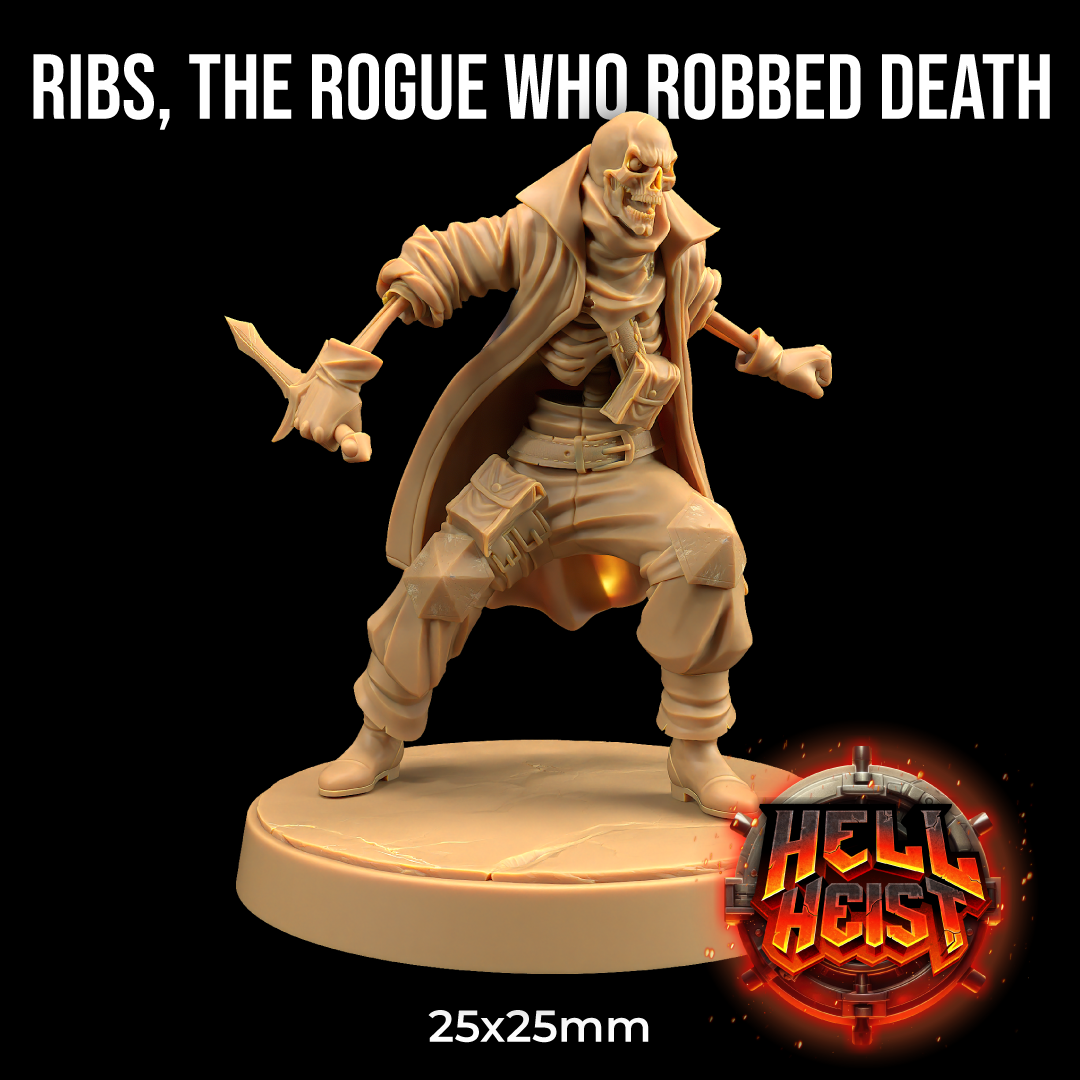 Image shows a 3D render of a skeleton rogue gaming miniature holding a dagger