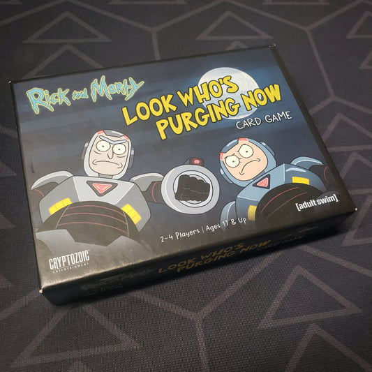 Image shows the front cover of the box for the Rick & Morty: Look Who's Purging Now card game