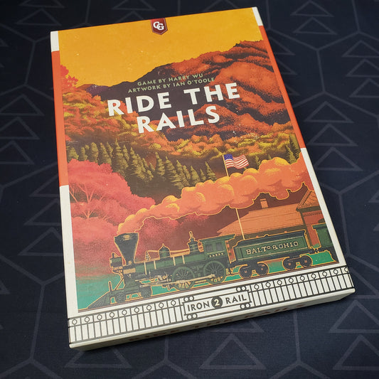 Image shows the front cover of the box of the Ride the Rails board game