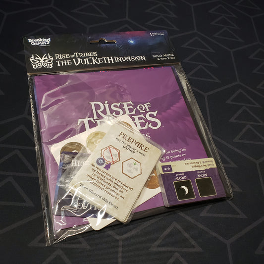 Image shows the front of the package of the Vul'Keth Invasion expansion for the board game Rise of Tribes