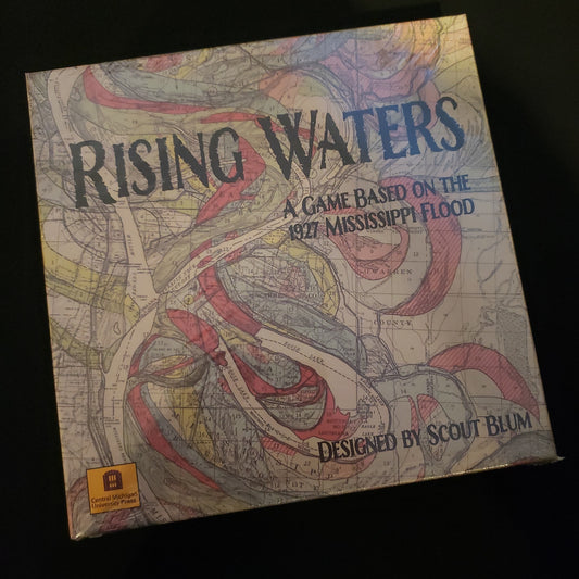 Image shows the front cover of the box of the Rising Waters board game