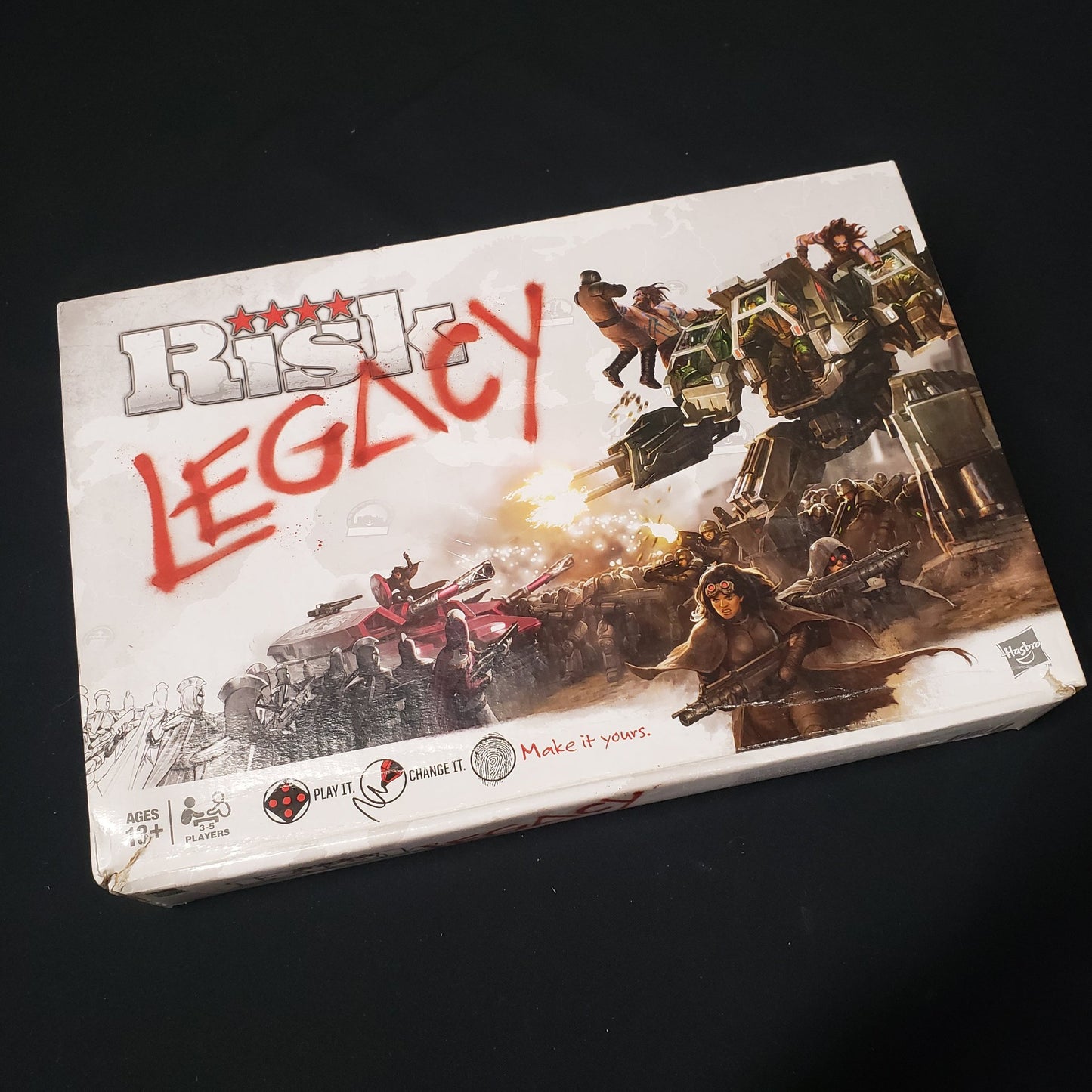 Image shows the front cover of the box of the Risk: Legacy board game