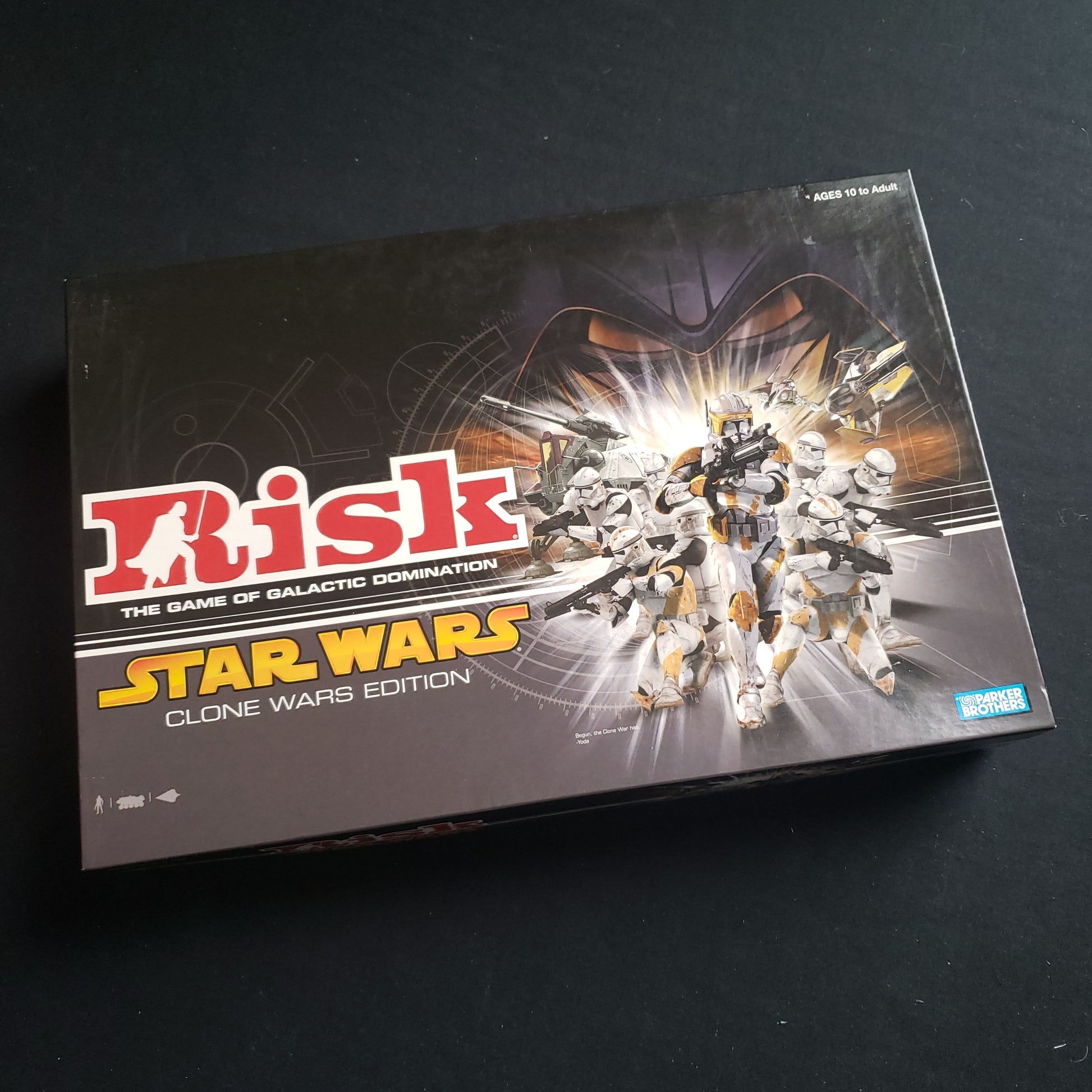 Image shows the front cover of the box of the Risk: Star Wars - Clone Wars Edition board game