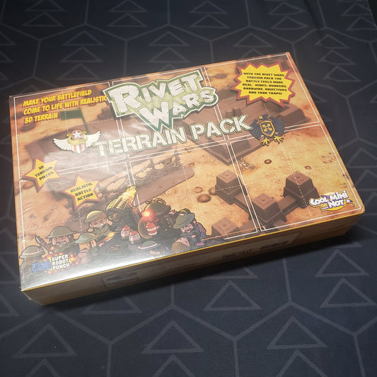 Image shows the front cover of the box of the Terrain Pack expansion for the board game Rivet Wars