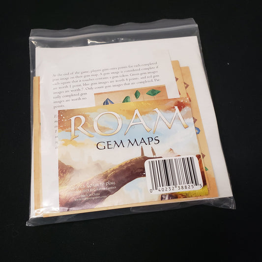 Image shows the front of the package for the Gem Maps expansion for the board game Roam