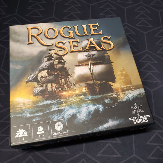 Image shows the front cover of the box for the Rogue Seas board game
